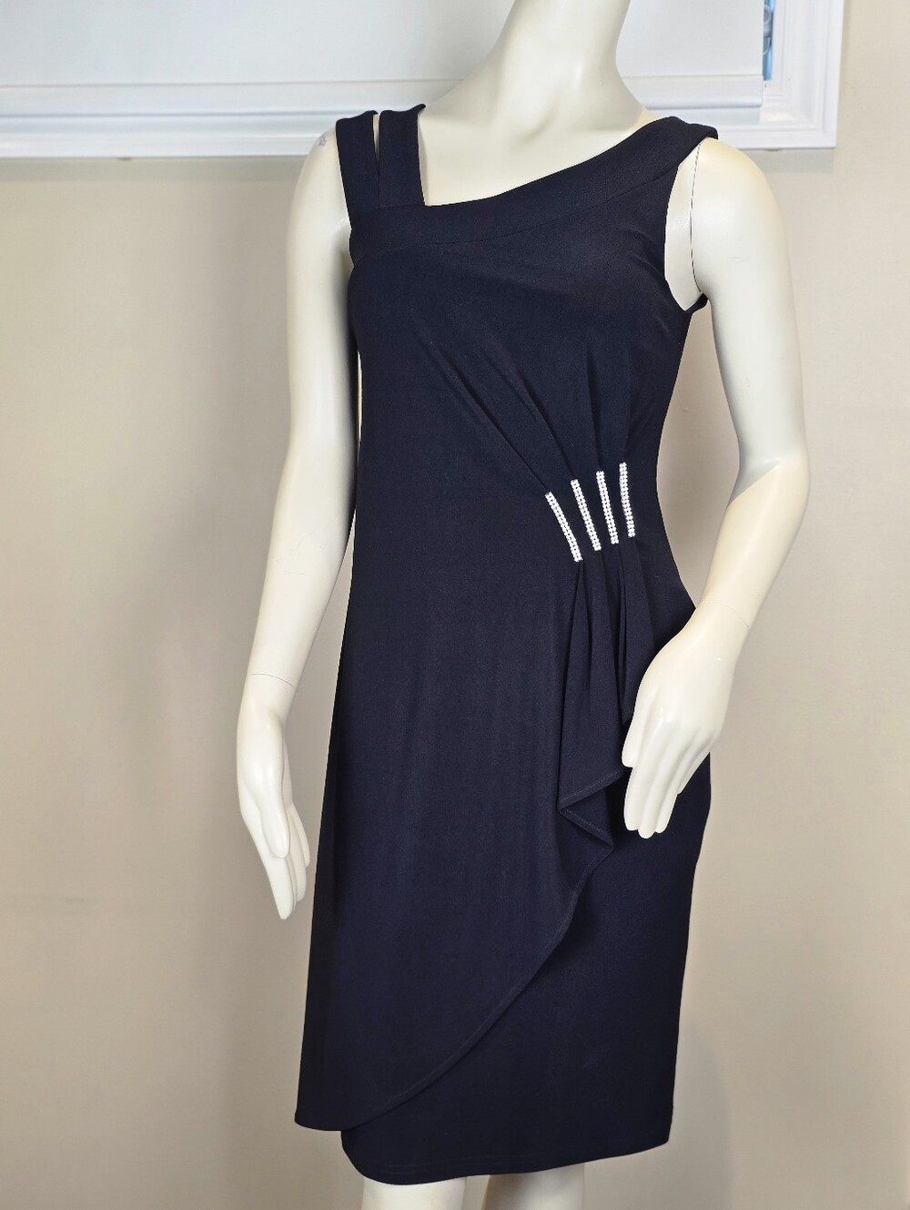 Sz 6 Joseph Ribkoff Asymmetrical Ruched Cocktail Dress with Rhinestones - Black